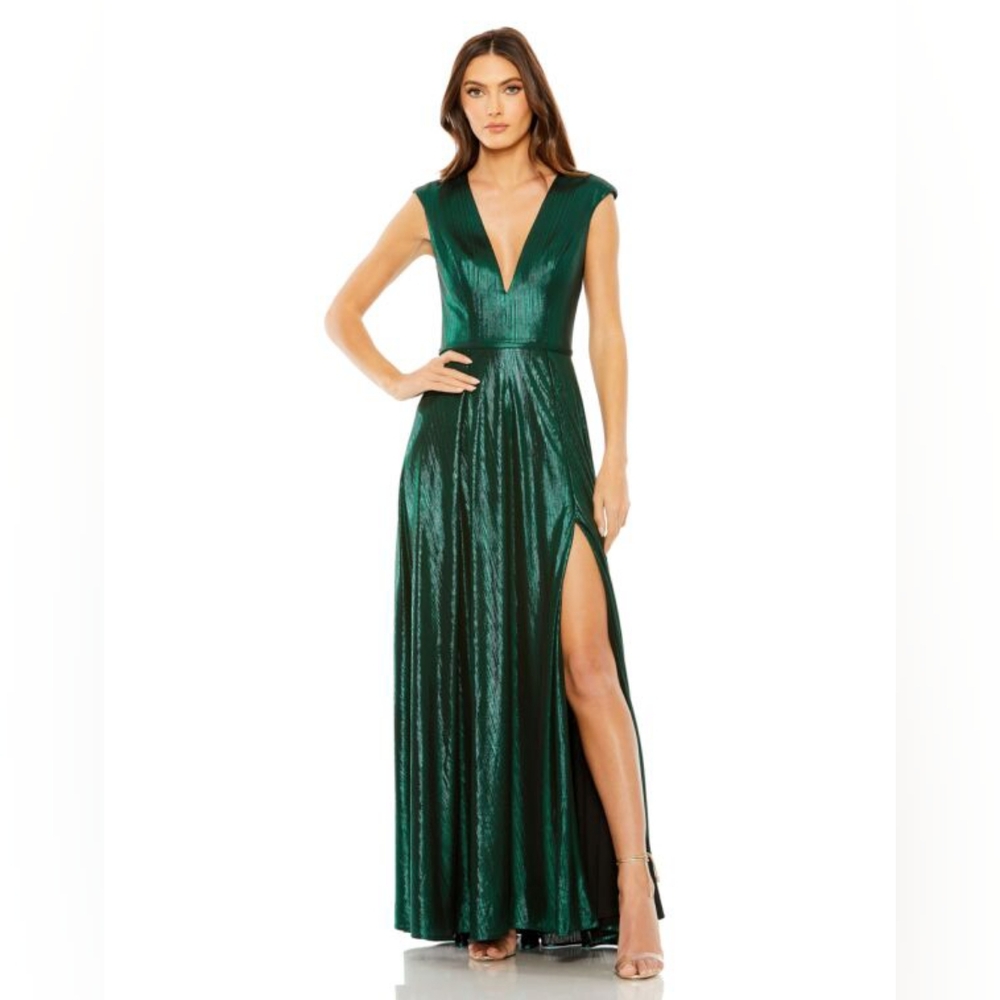 Mac Duggal Cap Sleeve Deep V Neck High Slit Metallic Dress